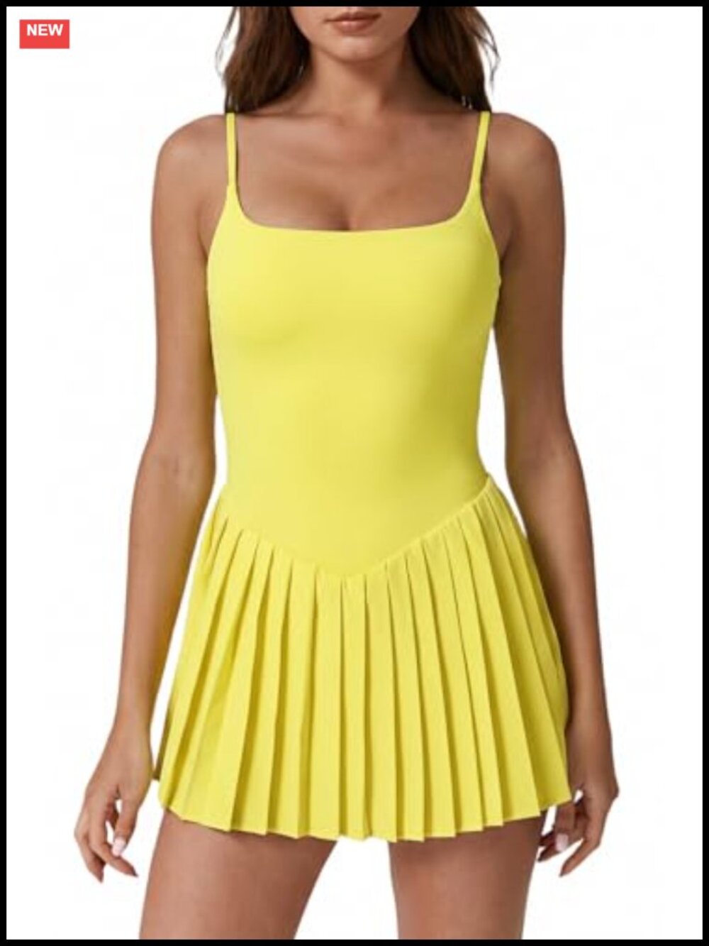 Women's Square Neck Pleated Tennis Dress with Built-in Shorts, High Stretch
